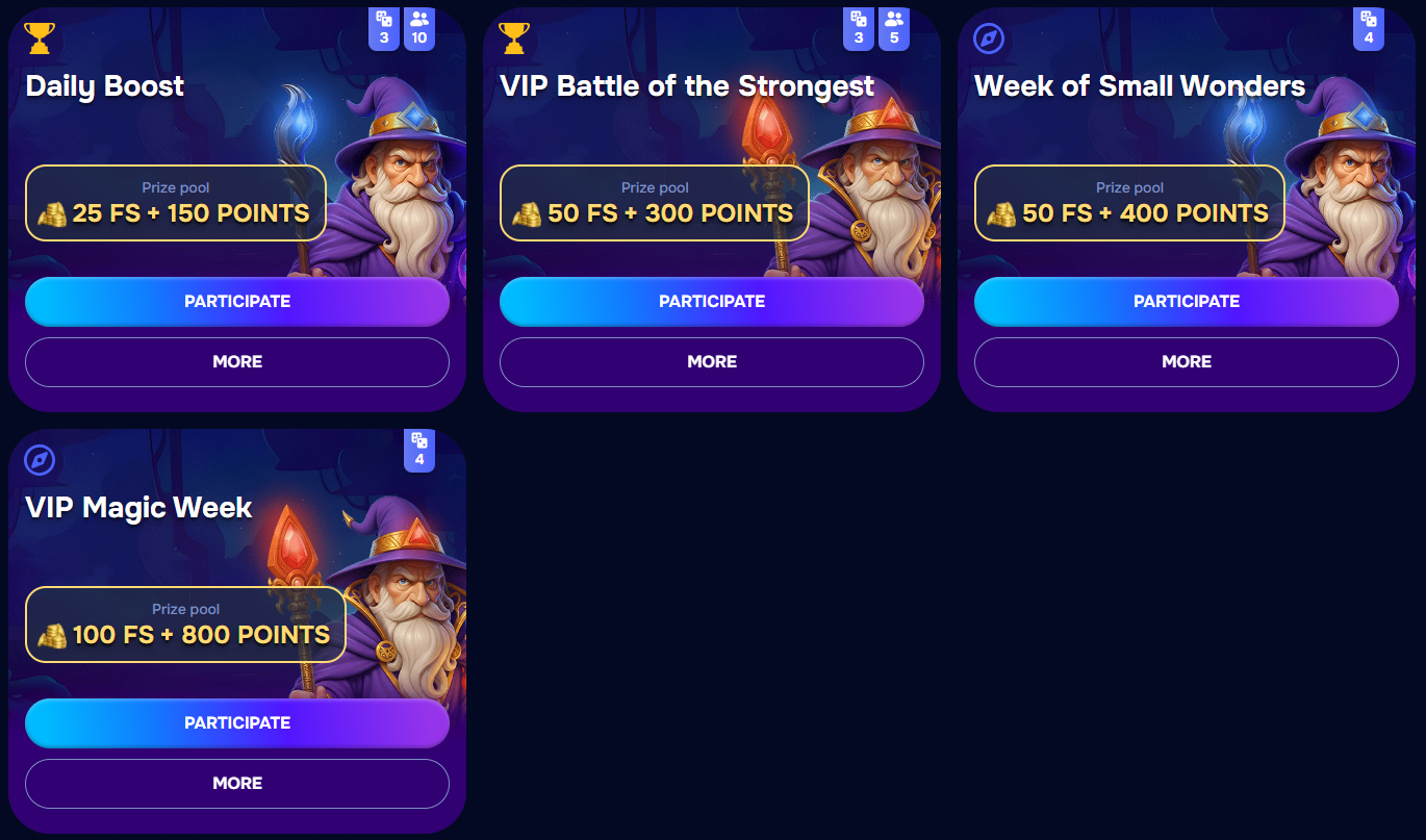 Casino missions panel showing FS points and VIP magic week rewards.