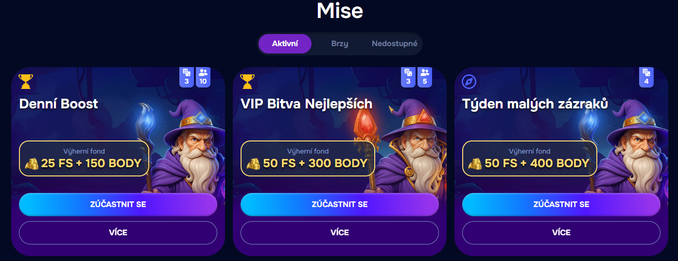 Úkoly v online kasinu pro body volných spinů v programu VIP Wizardo.