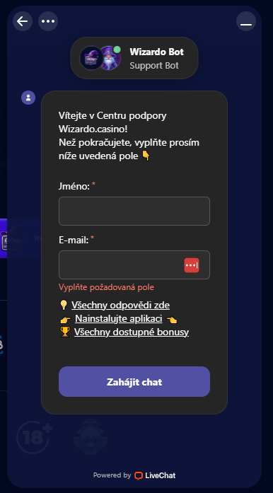 Živý chat podpora kasina Wizardo uvítací obrazovka bot.