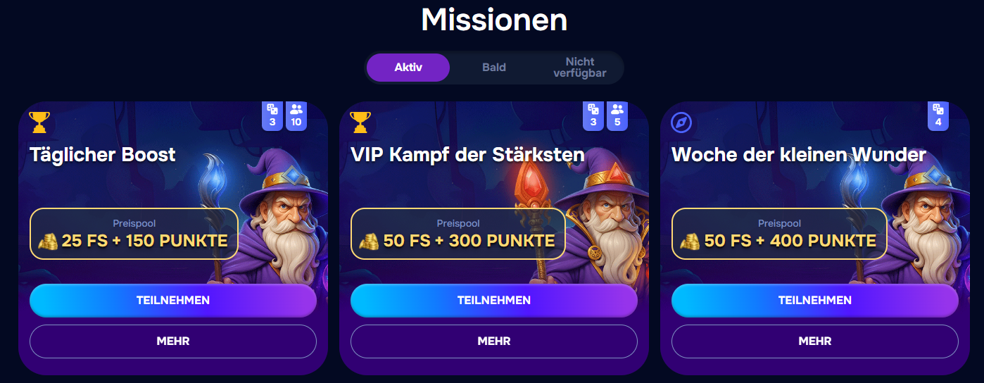Gaming-Missionen im Wizardo mit 50 FS-Preisen und Teilnahmetasten.