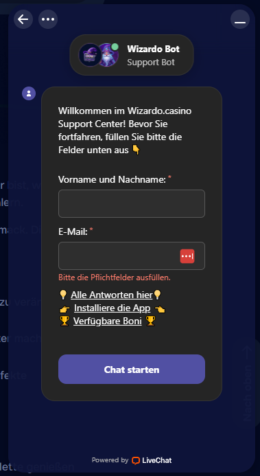 Live-Chat-Support Wizardo Casino Willkommensbildschirm Bot.